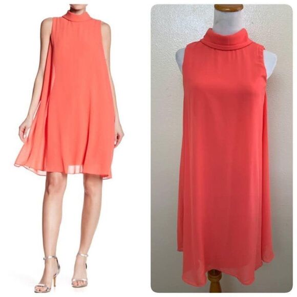 Eliza J Sheath Chiffon Overlay Mini Dress Coral - Picture 1 of 11
